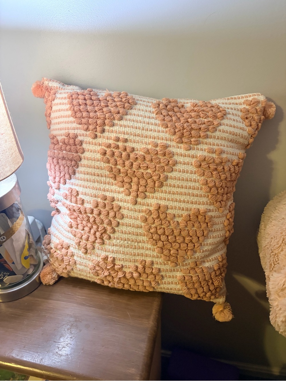 Textured pink Heart Throw Pillow with Pom Trim and pink heart pillow